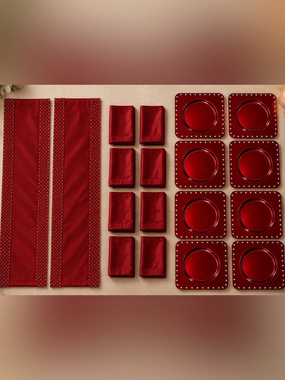 Elegant holiday set. Eight chargers, two runners and seven napkins.